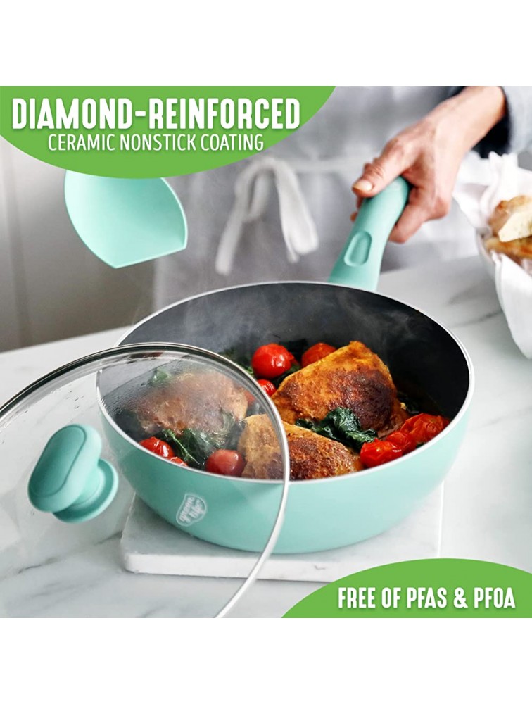 GreenLife Soft Grip Diamond Healthy Ceramic Nonstick 3QT Chef Saute Pan with Lid PFAS-Free Dishwasher Safe Turquoise - B2811919Y