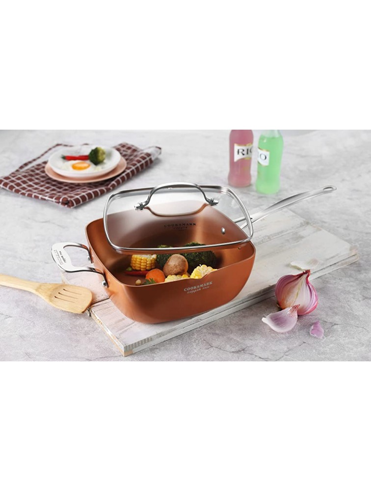 LOVE PAN 9.5 Inch Copper Nonstick Square Deep Fry Pan with Chip Frying Basket Steamer Rack and Glass Lid Induction Nonstick Copper Frying Pan For Oven Roast Bake Grill Steam and Braise 4 Piece - B1XJPDI2A