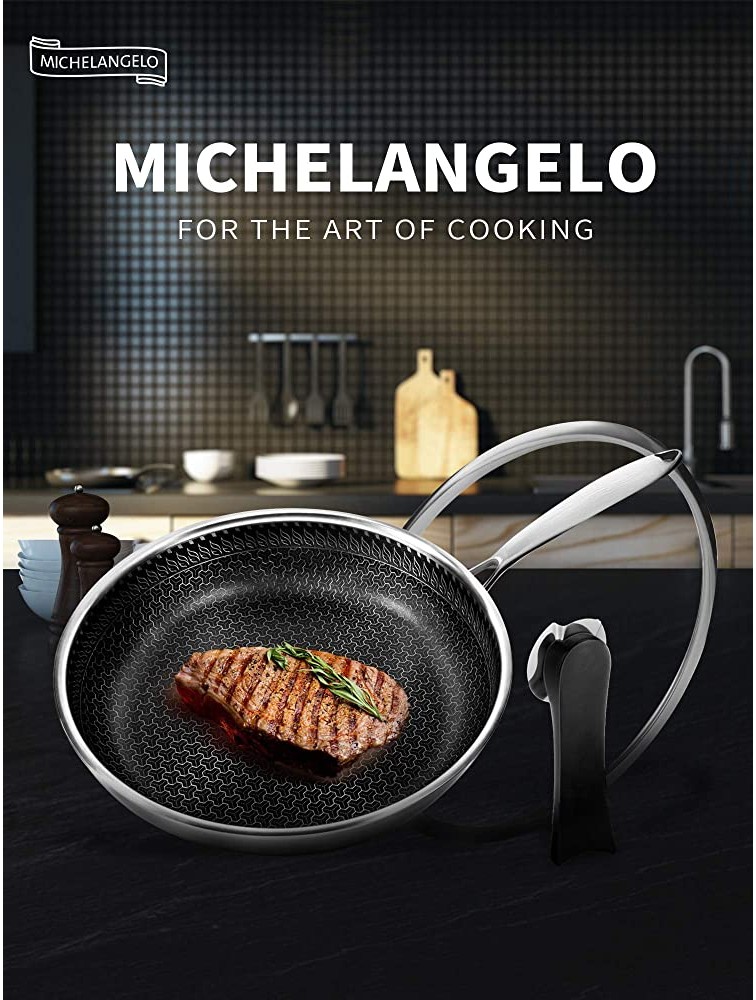 MICHELANGELO Stainless Steel Frying Pan with Lid Pro Triply Stainless Steel 12 Inch Frying Pan with Nonstick Honeycomb Coating Large Frying Pan Steel Fry Pan With Lid Induction Compatible - BRI56JZIA