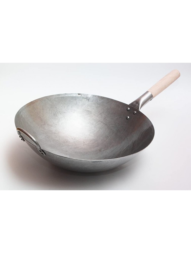 Big 16 Inch Heavy Hand Hammered Carbon Steel Pow Wok with Wooden and Steel Helper Handle Round Bottom 731W138 by Craft Wok - B71FCH6AN