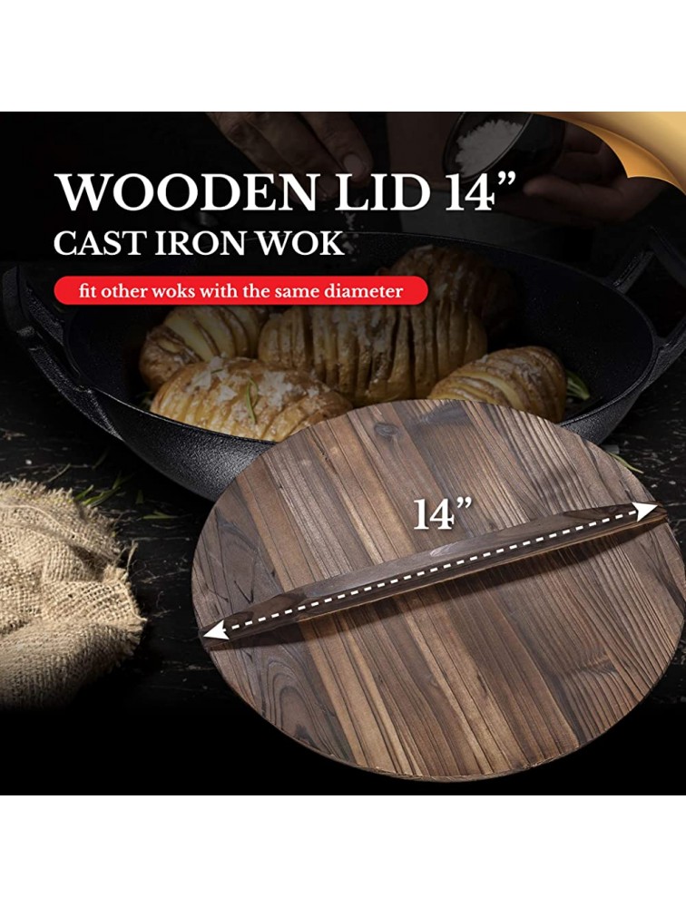 Bruntmor 14 inch Wooden Wok Lid Round Natural Wooden Lid for 14 Cast Iron Wok Pot Pan or Skillet Cover Lightweight Wood - BKJXFUUGD