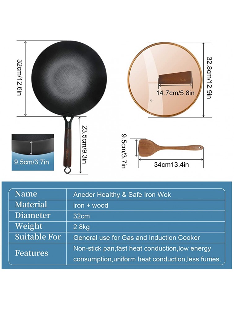 Carbon Steel Wok Pan with Lid & Wood Spatula Aneder 12.5 Cast Iron Stir Fry Pan with Flat Bottom and Wooden Handle for Electric Induction and Gas Stoves - BKD0Z2WKM