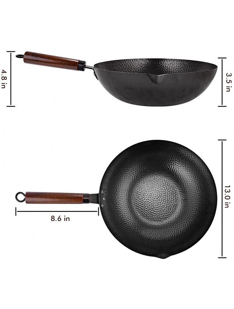 Carbon Steel Wok with Wooden Handle and Lid,using for Electric Induction Gas Stoves,6 Cookware Accessories,12.5 inch,Black - BAPP7C64C