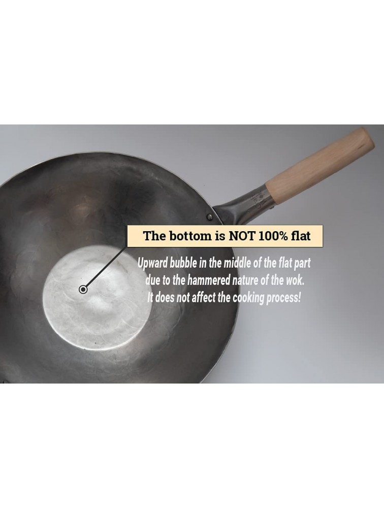 Craft Wok Flat Hand Hammered Carbon Steel Pow Wok with Wooden and Steel Helper Handle 14 Inch Flat Bottom 731W316 - BL49RLBFI