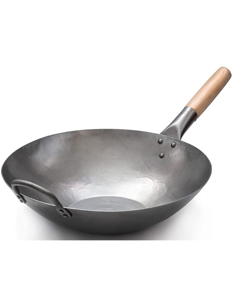 Craft Wok Flat Hand Hammered Carbon Steel Pow Wok with Wooden and Steel Helper Handle 14 Inch Flat Bottom 731W316 - BL49RLBFI