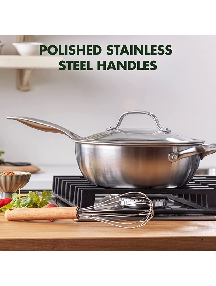 GreenPan Venice Pro Tri-Ply Stainless Steel Healthy Ceramic Nonstick 3QT Chef Saute Pan with Helper Handle and Lid PFAS-Free Multi Clad Induction Dishwasher Safe Oven Safe Silver - BUCI1HA36