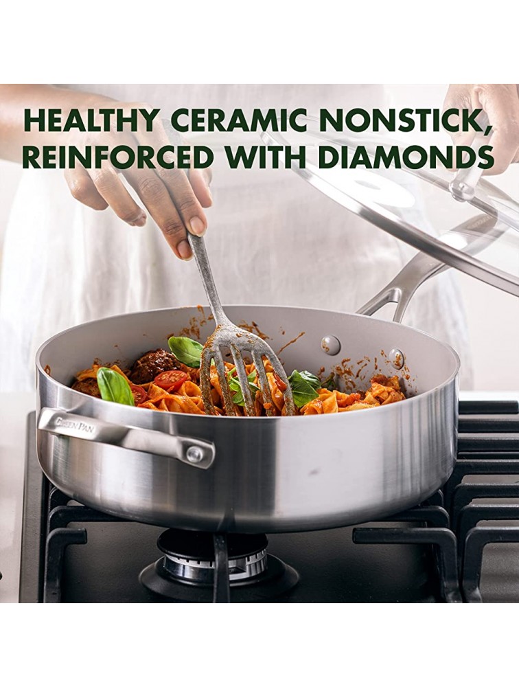 GreenPan Venice Pro Tri-Ply Stainless Steel Healthy Ceramic Nonstick 5QT Saute Pan Jumbo Cooker with Helper Handle and Lid PFAS-Free Multi Clad Induction Dishwasher Safe Oven Safe Silver - BFYFFNZ96