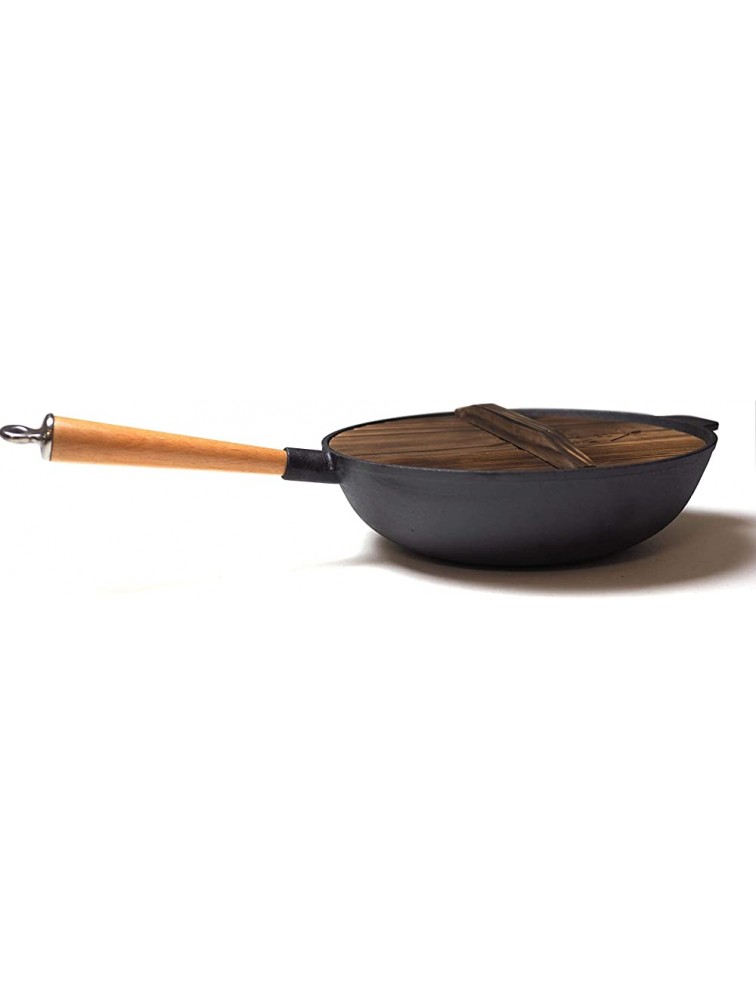 Kasian House Cast Iron Wok with Wooden Handle and Lid Pre-Seasoned 12 Diameter Chinese Wok with Flat Bottom Heavy Duty Stir Fry Pan - BGG9PWN7I