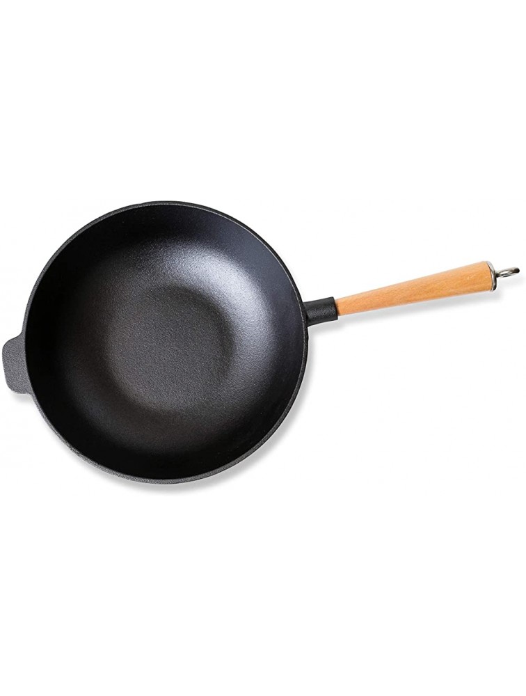 Kasian House Cast Iron Wok with Wooden Handle and Lid Pre-Seasoned 12 Diameter Chinese Wok with Flat Bottom Heavy Duty Stir Fry Pan - BGG9PWN7I