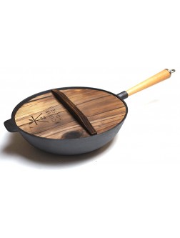 Kasian House Cast Iron Wok with Wooden Handle and Lid Pre-Seasoned 12" Diameter Chinese Wok with Flat Bottom Heavy Duty Stir Fry Pan - BGG9PWN7I