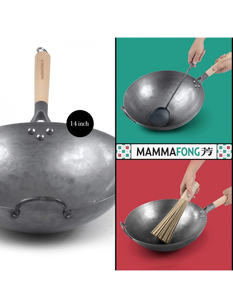 Mammafong Traditional Hand Hammered Round Bottom Carbon Steel Pow Wok Set with Wok Spatula and Bamboo Brush 14 inch wok set with wok accessories - BK2K9YR74