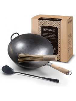 Mammafong Traditional Hand Hammered Round Bottom Carbon Steel Pow Wok Set with Wok Spatula and Bamboo Brush 14 inch wok set with wok accessories - BK2K9YR74