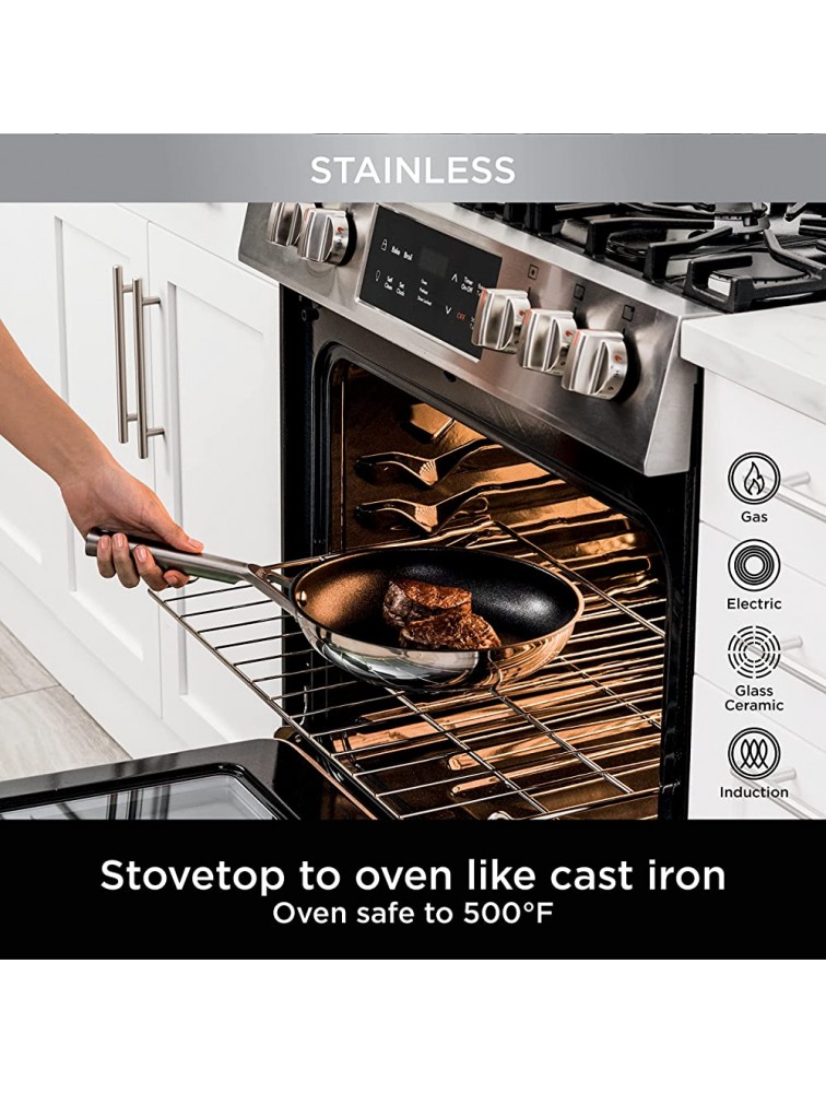 Ninja C62000 Foodi NeverStick Stainless 8-Inch & 10.25-Inch Fry Pan Set Polished Stainless-Steel Exterior Nonstick Durable & Oven Safe to 500°F Silver - BLGO54AC0