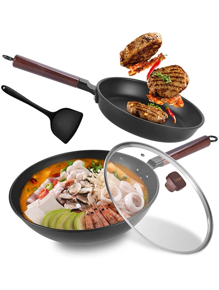Nonstick Wok Pan 2 Pieces Frying Pan Cookware Set Hard-Anodized Nonsitck Wok with Lid Frying Pan Skillet Set APEO & PFOA-Free 9.8 and 12 Black - BXXQY9N6W