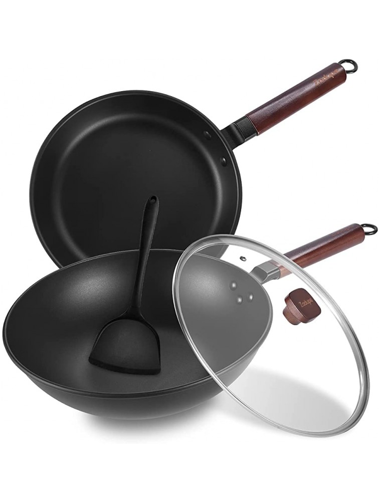 Nonstick Wok Pan 2 Pieces Frying Pan Cookware Set Hard-Anodized Nonsitck Wok with Lid Frying Pan Skillet Set APEO & PFOA-Free 9.8" and 12" Black - BXXQY9N6W