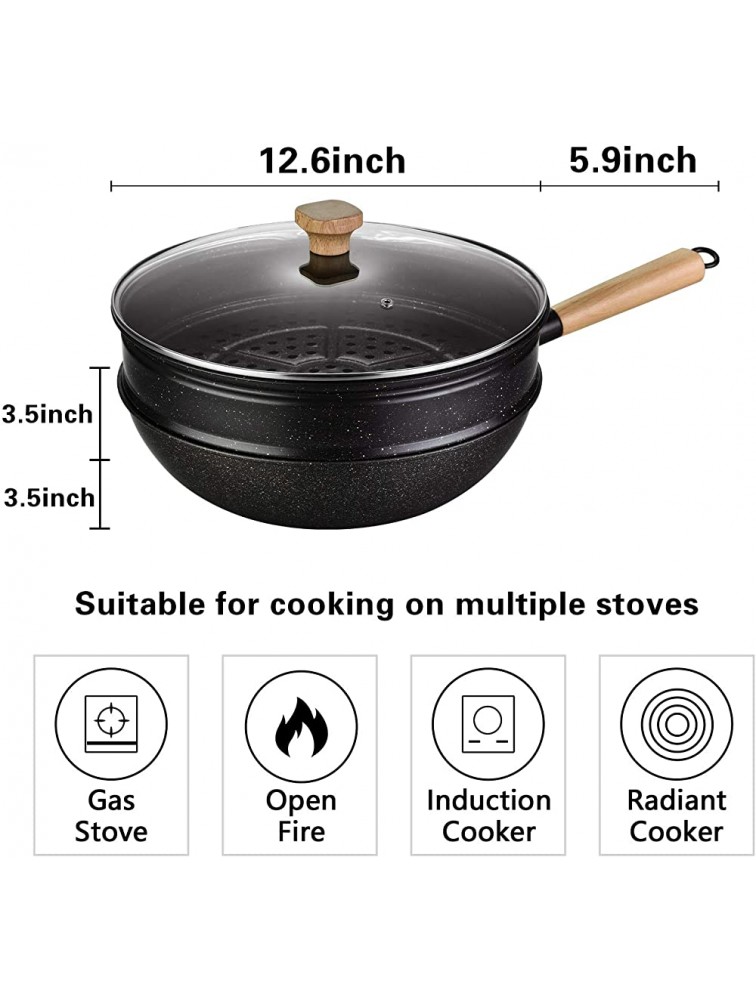 Nonstick Woks and Stir Fry Pans With Lid Steam Rack Wok Pan With Lid Ceramic Wok with Lid Nonstick Frying Wok Flat Bottom Induction Compatible 12.5 inch wok with steamer - BMQKURRBN