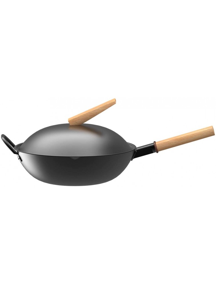Taste plus Carbon Steel Wok with Domed and Lid for All Stoves 12 Inch Chinese Wok Pan with Wooden Handle and Steel Helper Handle - BZVX2XPFD