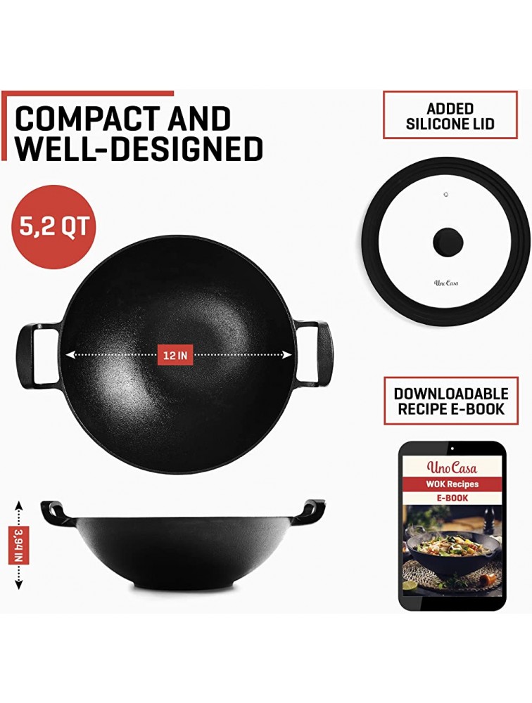 Uno Casa Cast Iron Wok Pan 8 lb. Flat Bottom Wok with Silicone Lid 12 Inch 5.2 Q Compact Durable Induction Wok for Both Indoor and Outdoor Cooking - BZIA6QIFH