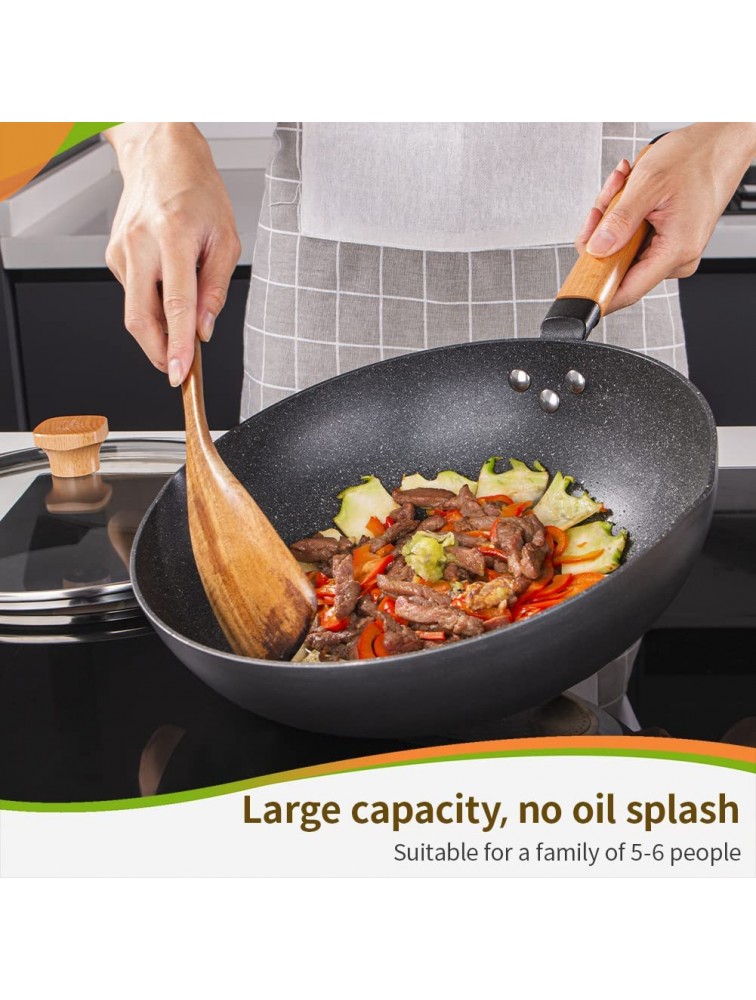 Wok Stir Fry Pan with Lid Nonstick Woks Pan 12 Inch 100% PFOA-Free Coating Non Stick Cooking Frying Pans with Detachable Wooden Handle Induction Compatible Black - BO570IITH
