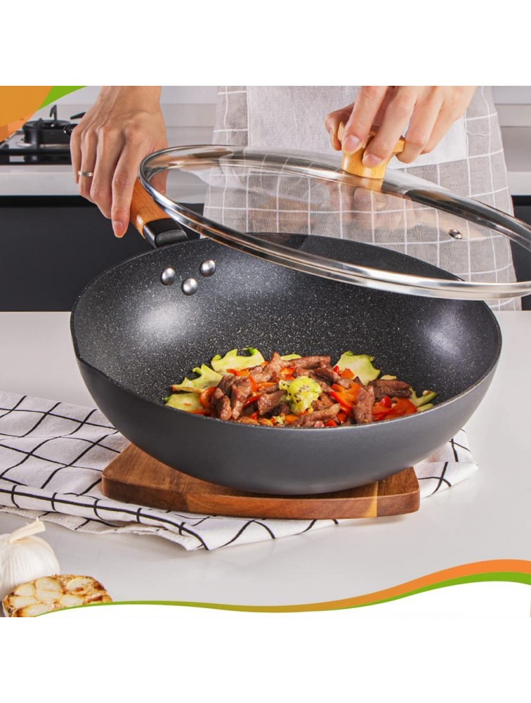 Wok Stir Fry Pan with Lid Nonstick Woks Pan 12 Inch 100% PFOA-Free Coating Non Stick Cooking Frying Pans with Detachable Wooden Handle Induction Compatible Black - BO570IITH