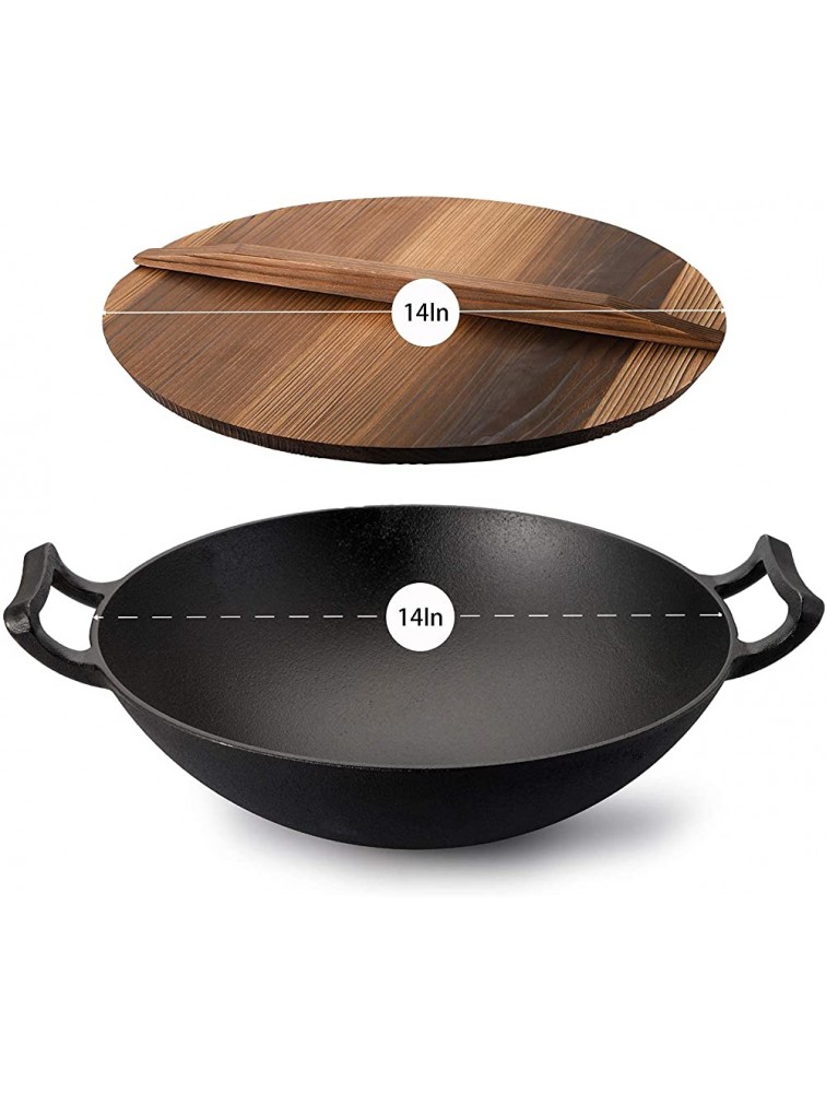 WUWEOT 14 Cast Iron Wok with Handles and Wooden Lid Pre-Seasoned Nonstick Iron Deep Frying Pan for Stir-Fry Grilling Frying Steaming Restaurant Chef Quality - B0ZZUX5N6