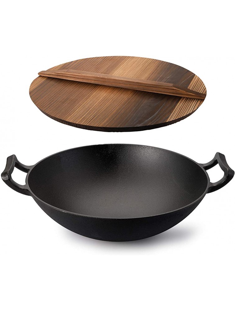 WUWEOT 14" Cast Iron Wok with Handles and Wooden Lid Pre-Seasoned Nonstick Iron Deep Frying Pan for Stir-Fry Grilling Frying Steaming Restaurant Chef Quality - B0ZZUX5N6