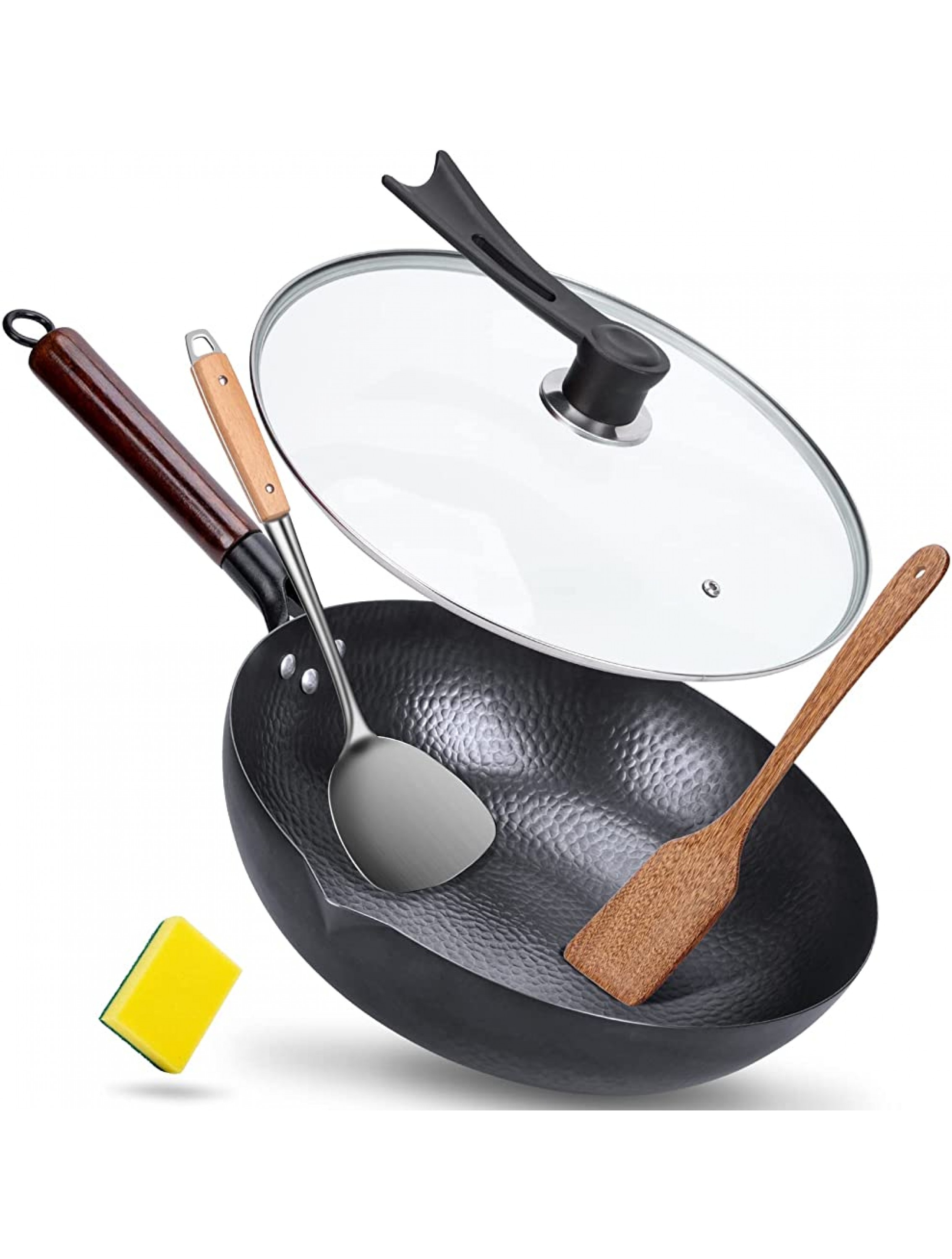 Zgioo Wok Pan with lid Carbon Steel Wok 12.5 Chinese Wok Flat Bottom Wok with 2 Spatulas & 1 Scrub Sponge Suits for All Stoves - BF0IDY88C