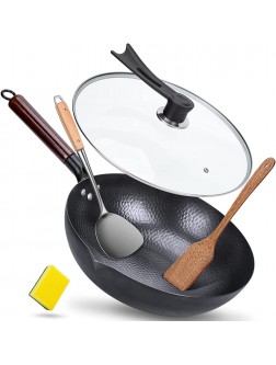 Zgioo Wok Pan with lid Carbon Steel Wok 12.5" Chinese Wok Flat Bottom Wok with 2 Spatulas & 1 Scrub Sponge Suits for All Stoves - BF0IDY88C