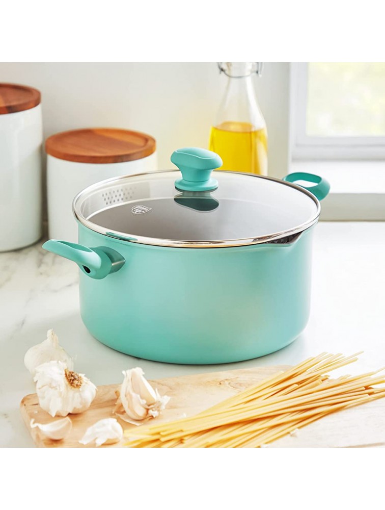 GreenLife Soft Grip Diamond Healthy Ceramic Nonstick 6QT Stock Pot with Strainer Lid PFAS-Free Dishwasher Safe Turquoise - B5RUQSD4E