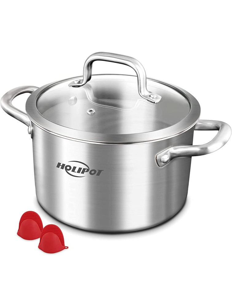 HOLIPOT Stock Pot 3.5 Quart Tri-Ply Stainless Steel Pot with Double Handle Soup Cooking Pot with Lid and Mini Silicone Oven Mitts Induction Compatible Dishwasher Safe - B2QXVTFWL