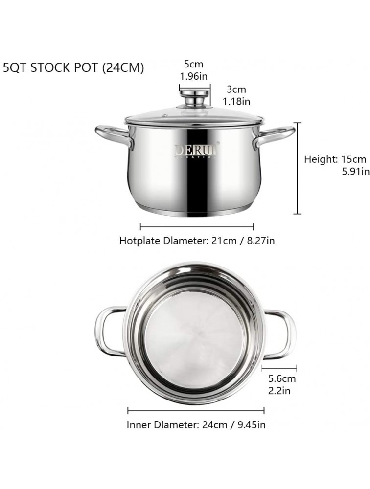 Nonstick Stock Pots,5 QT Stainless Steel Saucepot with Glass Lid Silver Anti-scalding Handle Stockpot By DERUI CREATION 5QT9.45”x6.10” Silver - B3CB54D52