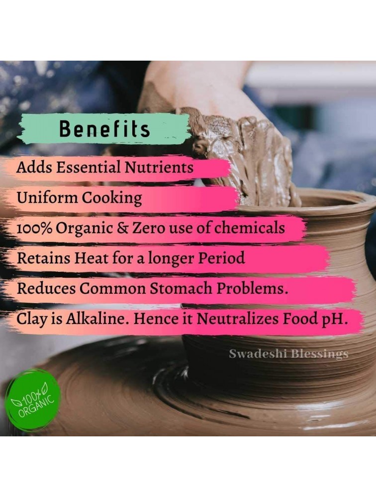 Swadeshi Blessings HandMade Exclusive Range Unglazed Clay Handi Earthen Kadai Clay Pot For Cooking & Serving with Lid 2.8Liters With Natural White Firing Shade & Mirror Shine + PALM LEAF STAND - B54A8W1BG