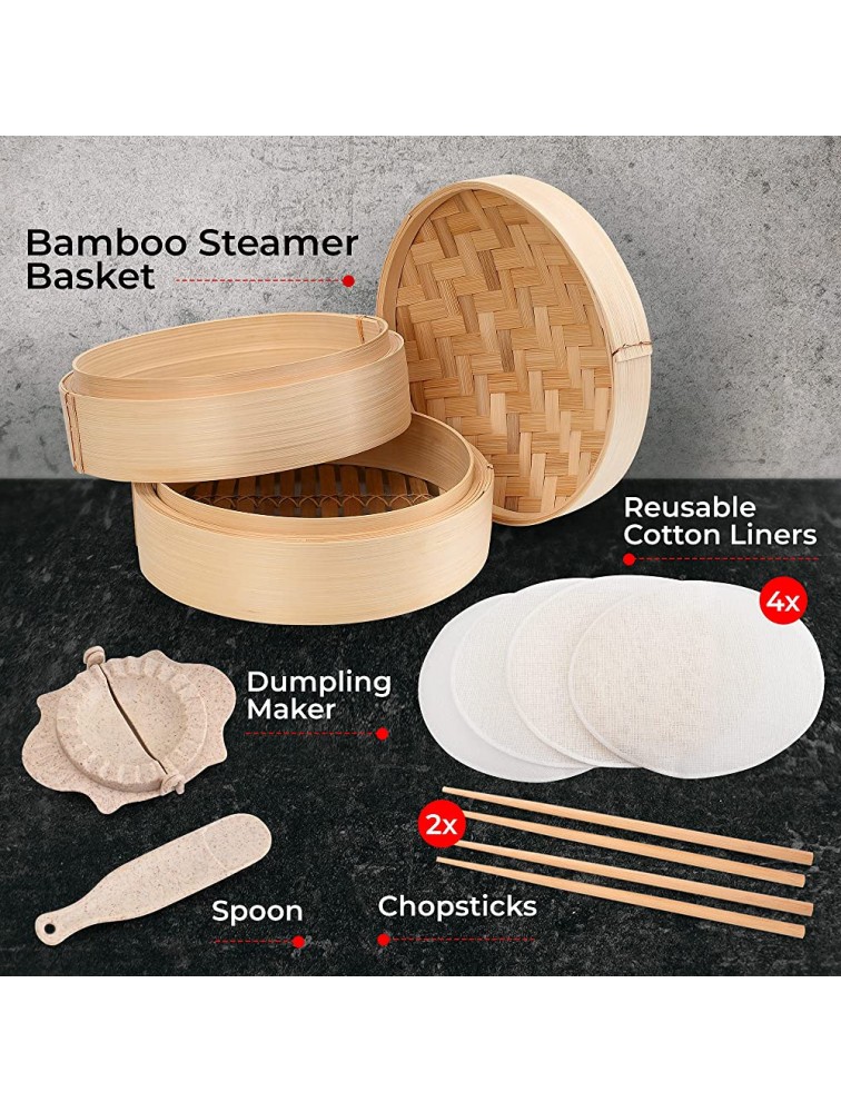 Annie’s Kitchen Premium 10 Inch Handmade Bamboo Steamer Baskets Lid Dumpling Maker with Spoon-4 Reusable Cotton Liners-2 sets Chopsticks- For Rice Vegetables Fish Meat & Desserts 10 Inch- 2 Tiers - BBMNRS9TW