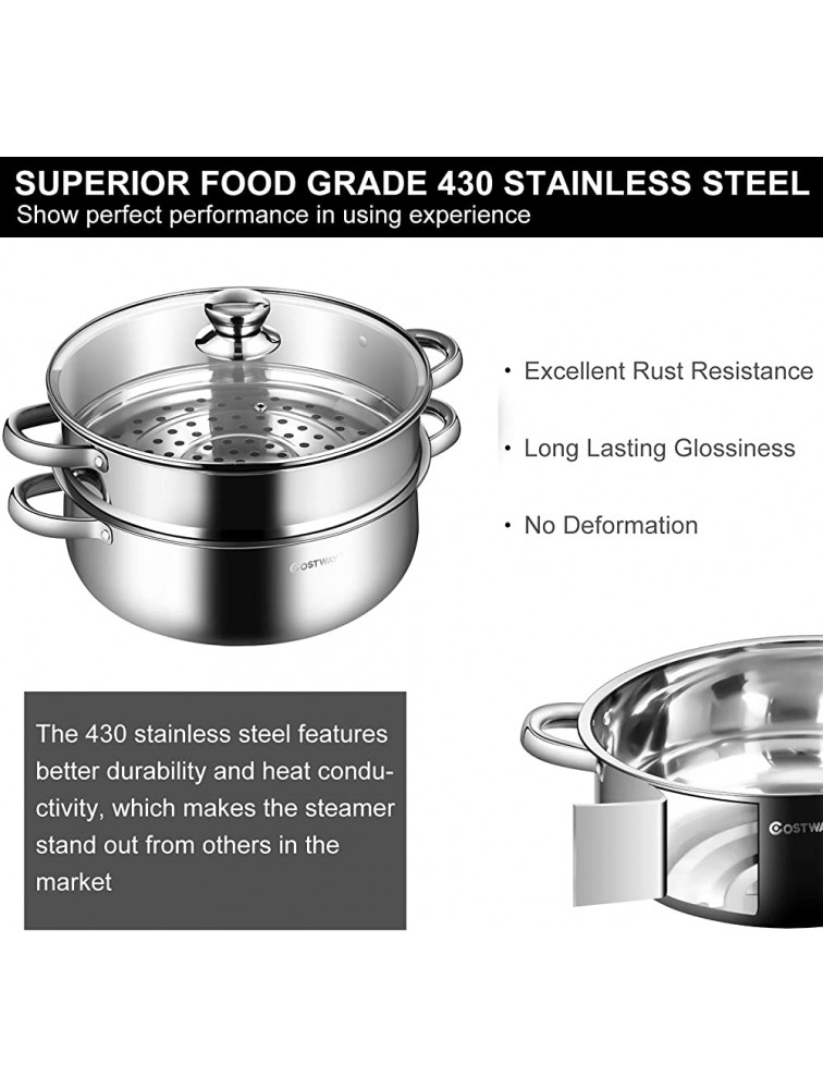 COSTWAY 2-Tier Stainless Steel Steamer 11-Inch Multi-Layer Boiler Pot with Handles on Both Sides Cookware Pot with Tempered Glass Lid Work with Gas Electric Grill Stove Top Dishwasher Safe - B928MLANG