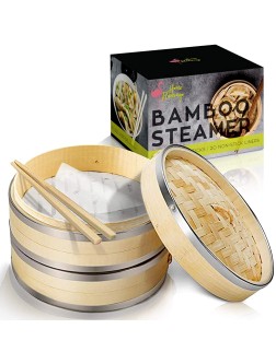 Home Flamingo Natural 10 Inch Bamboo Steamer Basket dumpling steamer bamboo Chinese steamer bamboo Vegetables Fish and Dumpling Steamer Stainless Steel Bands Includes Chopsticks and Liners - BY9FUQGPR