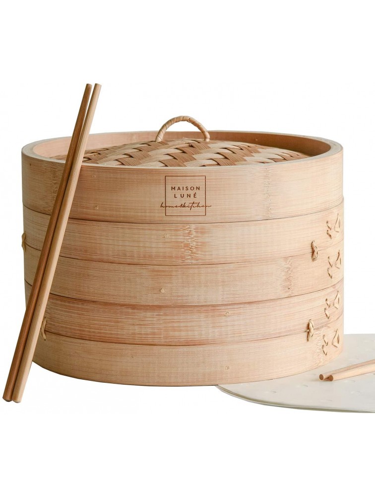 Maison Lune The Perfect Kit- Includes Bamboo Steamer 10 inch Steamer Ring Liners 20 pieces 2 pairs of Chopsticks Round Brush - BR8TIQYOU