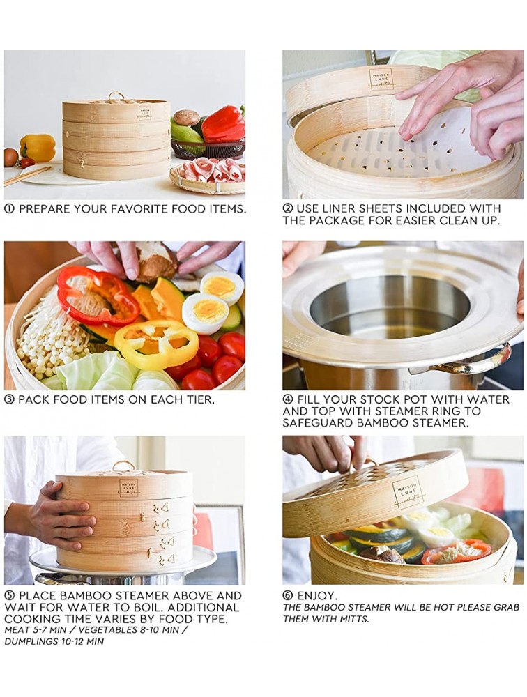 Maison Lune The Perfect Kit- Includes Bamboo Steamer 10 inch Steamer Ring Liners 20 pieces 2 pairs of Chopsticks Round Brush - BR8TIQYOU