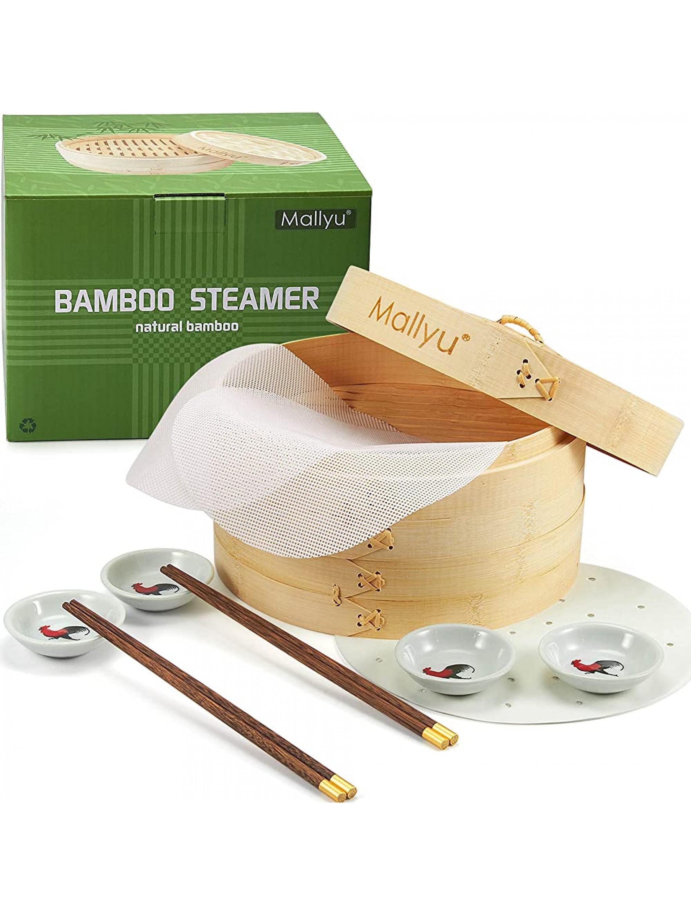 MALLYU Bamboo Steamer Basket Dumpling Steamer Vegetable Steamer 10 inch 2 Tier for Cooking Steaming Bao Buns with Liners Reusable Mesh Mat Sauce Dish Chopsticks - BB08TIL55