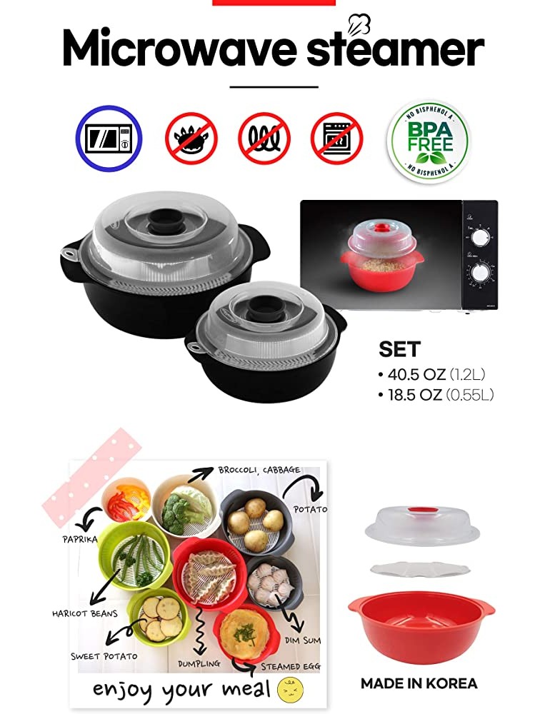 Multi-Propose Microwave Steamer 40.5 fl.oz. 18.5 fl.oz. BPA free Pack of 2 Made in Korea Medium Black - BXYMMSWXK