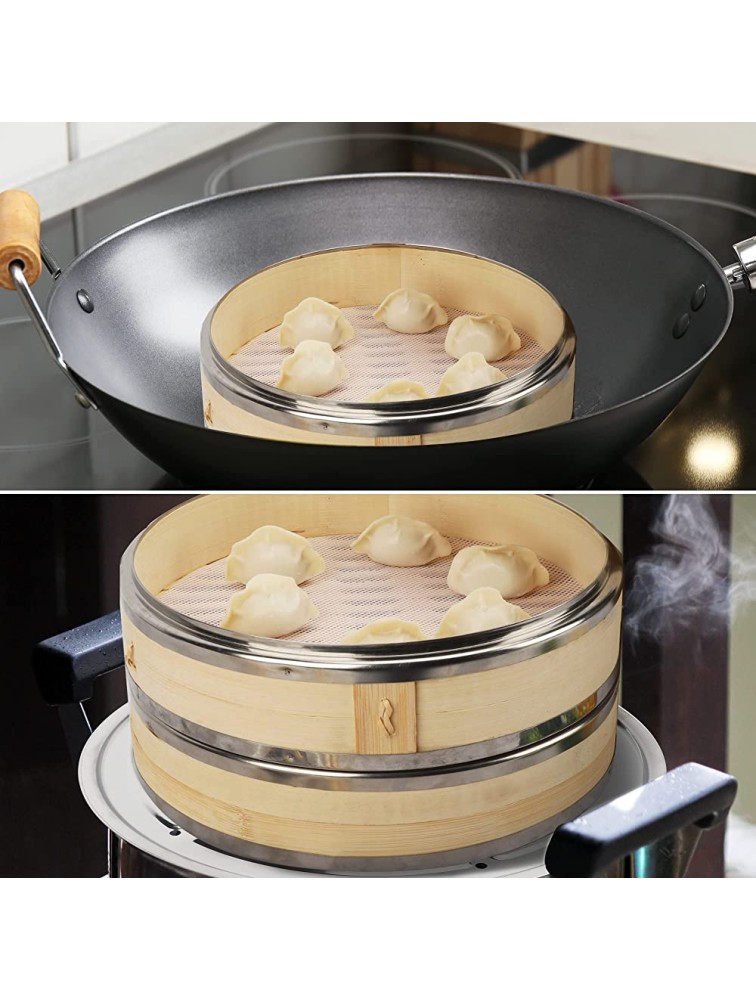 Natural Bamboo Steamer Asian handmade cookware for vegetables & food steaming Dumpling Bua bun Momo Dim Sum maker basket 10 inch 2 tier adapter ring Reusable silicone liner Asian dish recipes - BMCK4ASJF