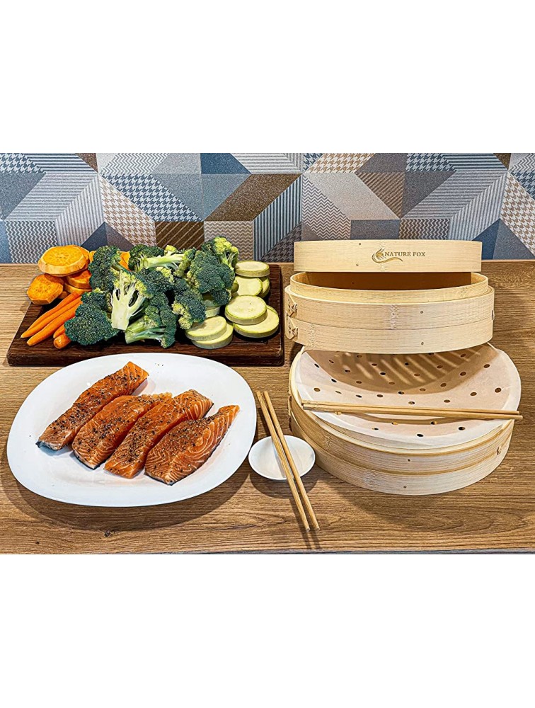 Natural Bamboo Steamer Basket 10-inch Food Steam Cooker 2-Tier By NATUREFOX With Lid Contains 2 Pair of Chopsticks 1 Sauce Dish & 50 Wax Papers Liners - BGBB4E0HA