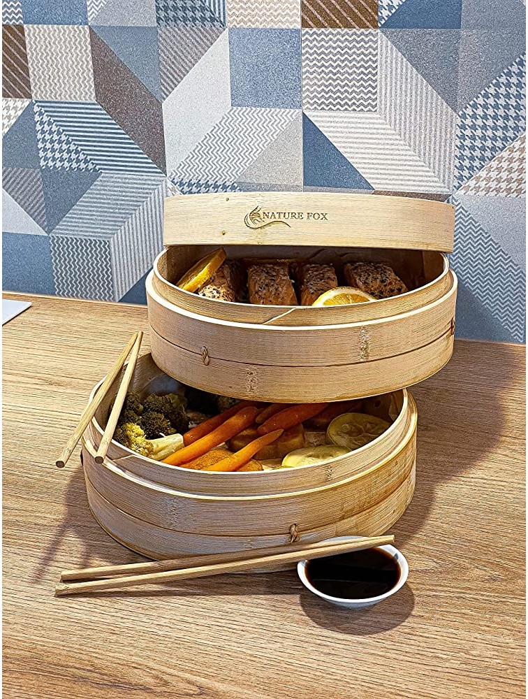 Natural Bamboo Steamer Basket 10-inch Food Steam Cooker 2-Tier By NATUREFOX With Lid Contains 2 Pair of Chopsticks 1 Sauce Dish & 50 Wax Papers Liners - BGBB4E0HA