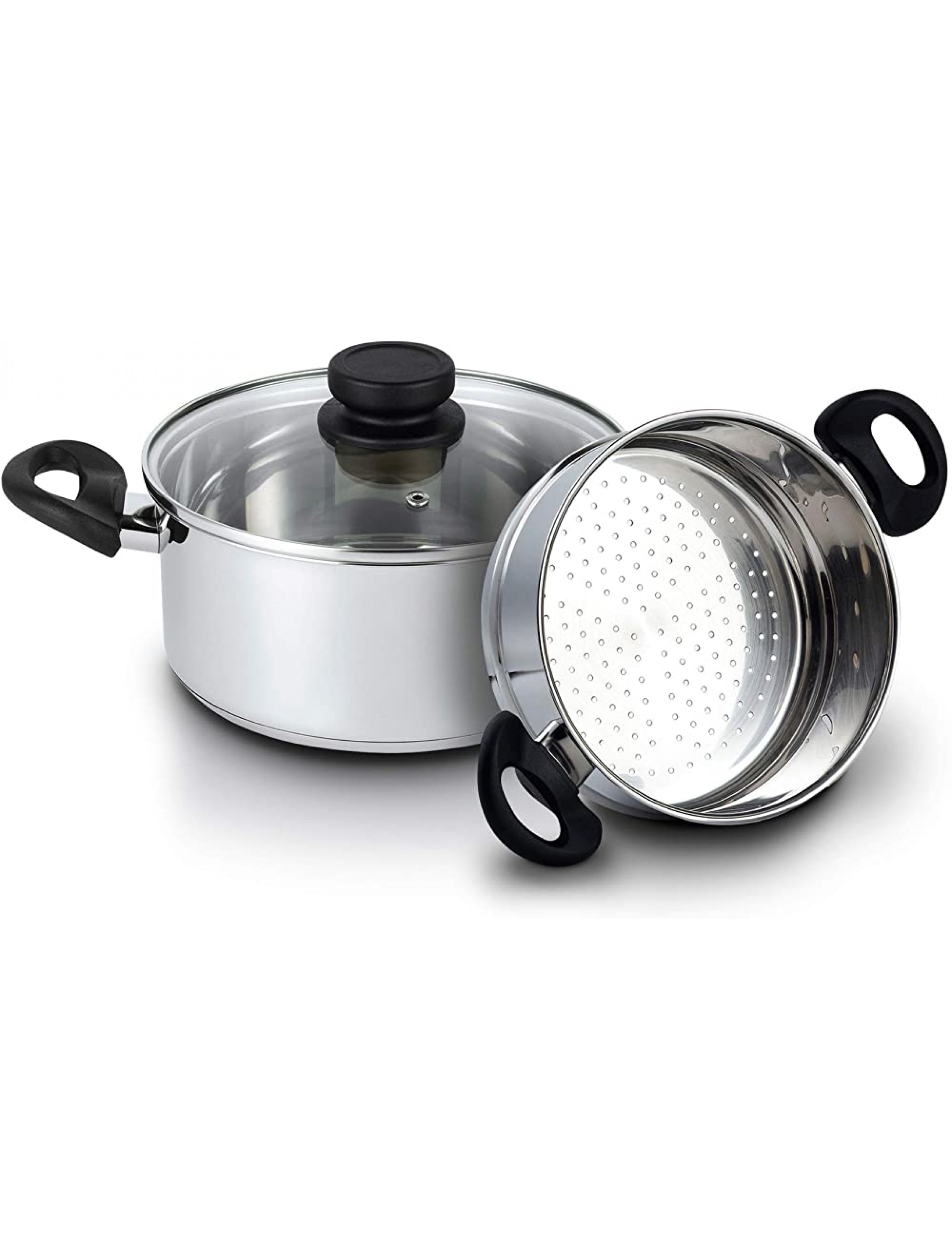 Nevlers Stainless Steel 3 Quart Steamer Pot with 2 Quart Steamer Insert and Glass Vented Lid 3 Piece Set Safe and Durable Great Addition to Every Kitchen - BZGFV75RG