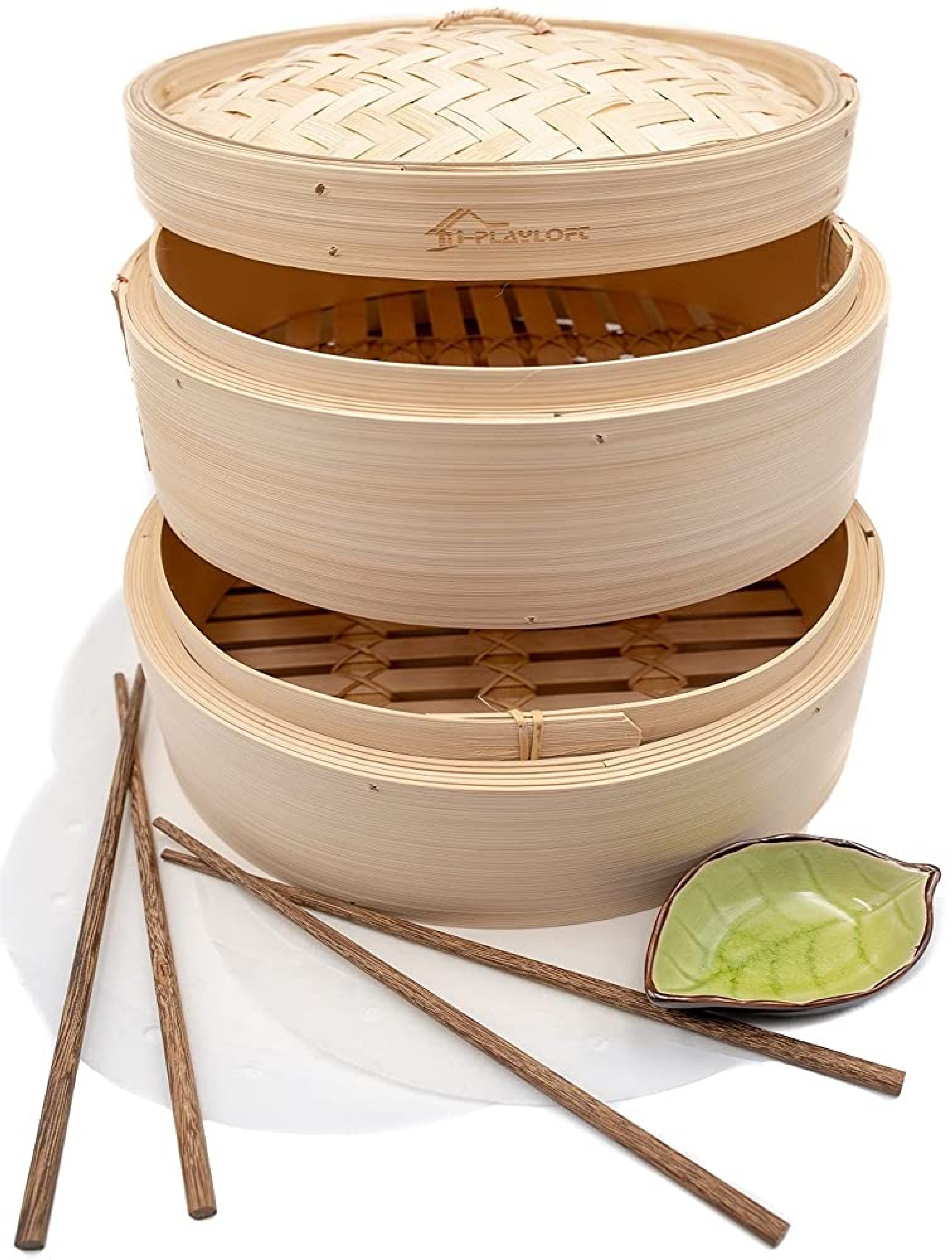 Premium 10 Inch Handmade Bamboo Steamer Two Tier Baskets Dim Sum Dumpling & Bao Bun Chinese Food Steamers Steam Baskets For Rice Vegetables Meat & Fish Included 2 Sets Chopsticks 20 Liners & Sauce Dish - B029KU9JU