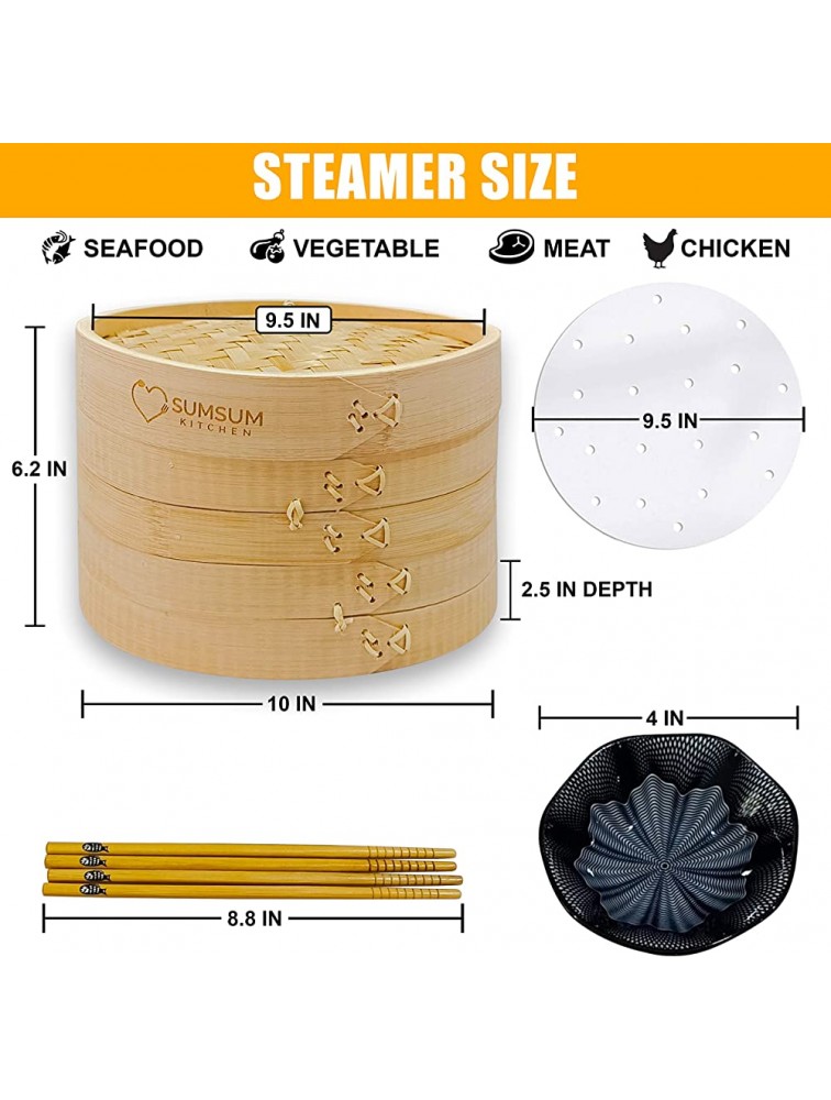SUMSUM KITCHEN 10 inch Bamboo Steamer Basket 2 Tier Food Steamer Natural Bamboo Dumpling Steamer with Lid contains 2 Pair of Chopsticks 2 Sauce Dish & 20 Wax Papers Liners Asian Steam Cooker - BOP26C1XY