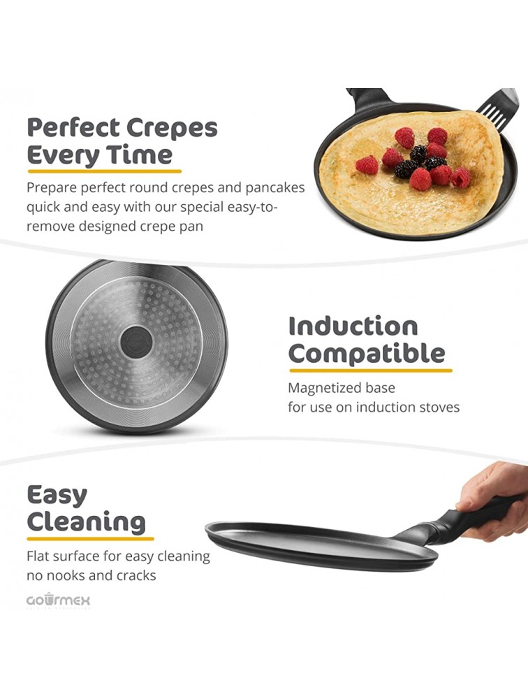 GOURMEX Black Induction Crepe Pan With PFOA Free Nonstick Coating | Ideal Induction Pan for Egg Omelet and Flat Pancake | Cookware Compatible With All Heat Sources | Dishwasher Safe 9.5 - BZ70G3IW3
