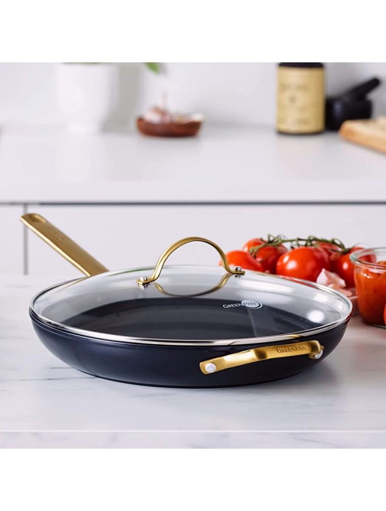GreenPan Reserve Hard Anodized Healthy Ceramic Nonstick 12 Frying Pan Skillet with Helper Handle and Lid Gold Handle PFAS-Free Dishwasher Safe Oven Safe Black - B3VXM21IU