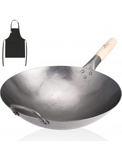 LIGHTOTOS Wok Pan 14.2'' Round Bottom Hand Hammered Carbon Steel Wok With Apron cswp-001 - B63QGVPZQ