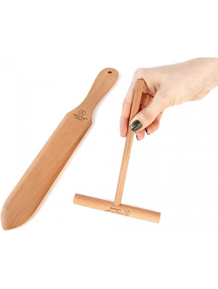Indigo True The Original Crepe Spreader and Spatula Kit 2 Piece Set 6” Spreader and 14” Spatula Convenient Size to Fit Large Crepe Pan Maker | All Natural Beechwood Construction - B5MAWDXSY
