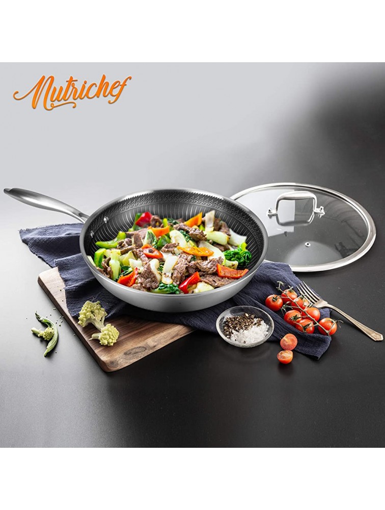 12 Stainless Steel Frying Pan Triply Kitchenware Stir Fry Pan Kitchen Cookware w DAKIN Etching Non-Stick Coating Scratch-resistant Raised-up Honeycomb Fire Textured Pattern NutriChef NC3PL12 - B9HO95E57